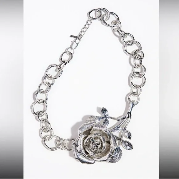 Zara Bold Rose Statement Necklace - Silver Tone - Picture 4 of 6